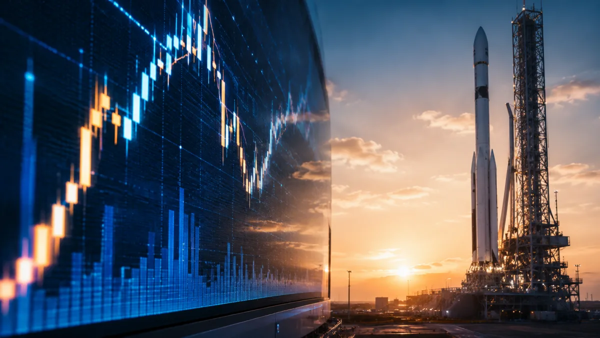Aktien-Chart auf einem Display, daneben eine startbereite Rakete auf der Startrampe bei Sonnenuntergang
