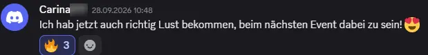 Discord-Nachricht von Carina: Sie hat jetzt auch richtig Lust bekommen, beim nächsten Event dabei zu sein.