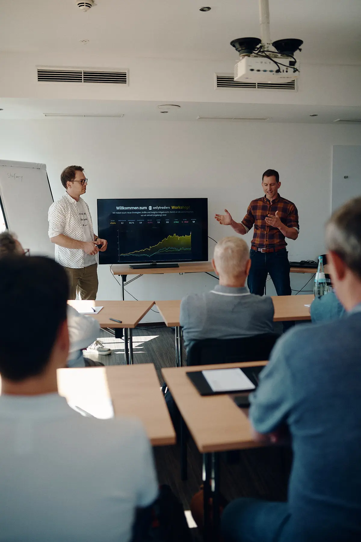 Michael und Matthias vor dem Bildschirm mit einer Equity-Kurve, die Teilnehmer sitzen an Tischen davor